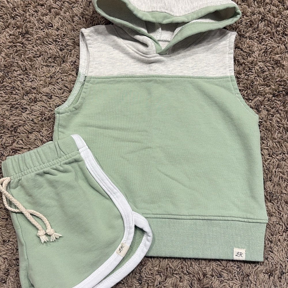 Kids Green Sleeveless Hoodie and Shorts Set